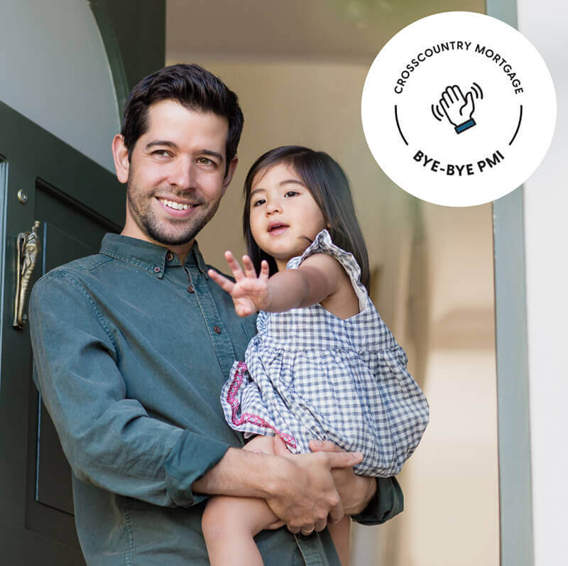 A homeowner and child waving goodbye to mortgage insurance with Bye-Bye PMI