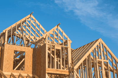 Structure of a new home being built with a construction loan.