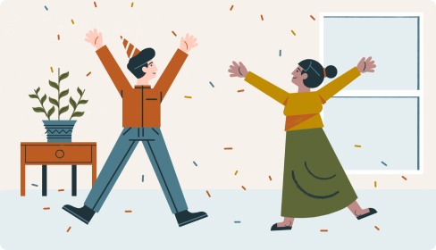 Illustrated graphic features first-time homebuyers celebrating their closing and homeownership with confetti and party hats.
